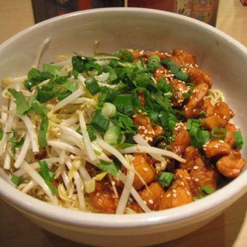 Egg Noodles with Sauteed Chicken Bowl.